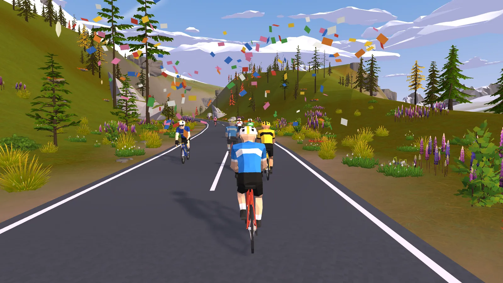 A low-poly cyclist in a light-blue jersey rides an alpine road through meadows of lupins, with other riders alongside and ahead and confetti in the air.