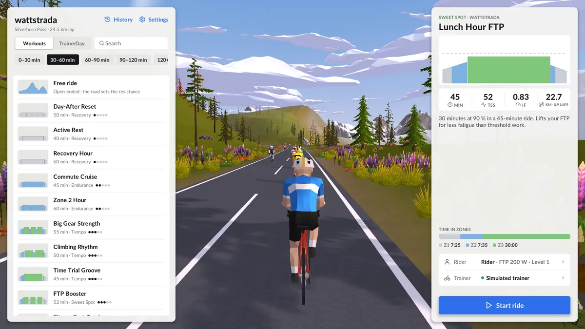 The workout picker: a list of workouts grouped by duration, with Lunch Hour FTP selected, showing its profile, TSS, intensity factor, what it does and time in zones.